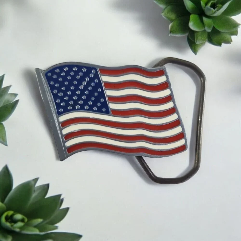 American Flag Belt Buckle Petite Red White‎ Blue Enamel Pewter USA Vtg